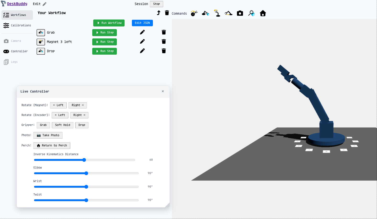 The Desk Buddy web controller with robot workflows, movement controls, and a 3D arm preview